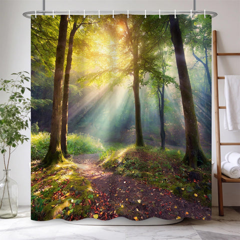 Kzzfqxb 105x160cm Shower Curtains with Plastic Hooks, Tyndall Effect Country Forest Sunshine Through Green Trees Waterproof Polyester Fabric for