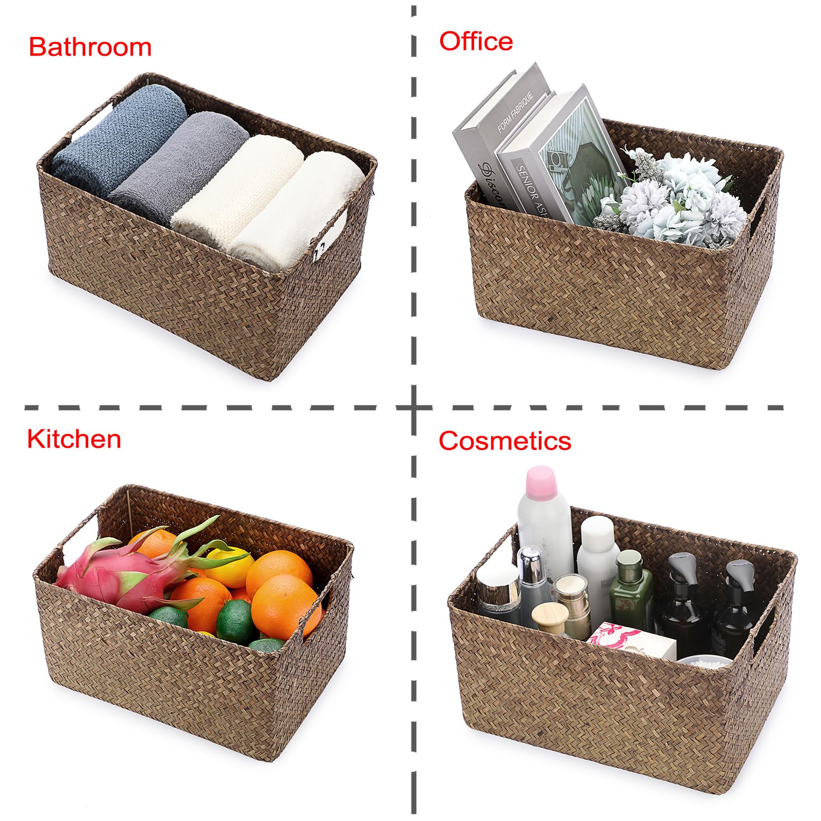 IGNPION Seagrass Decorative Woven Wicker Towel Basket - Rectangular Multipurpose Storage Hamper for Living Room, Bathroom & Desk
