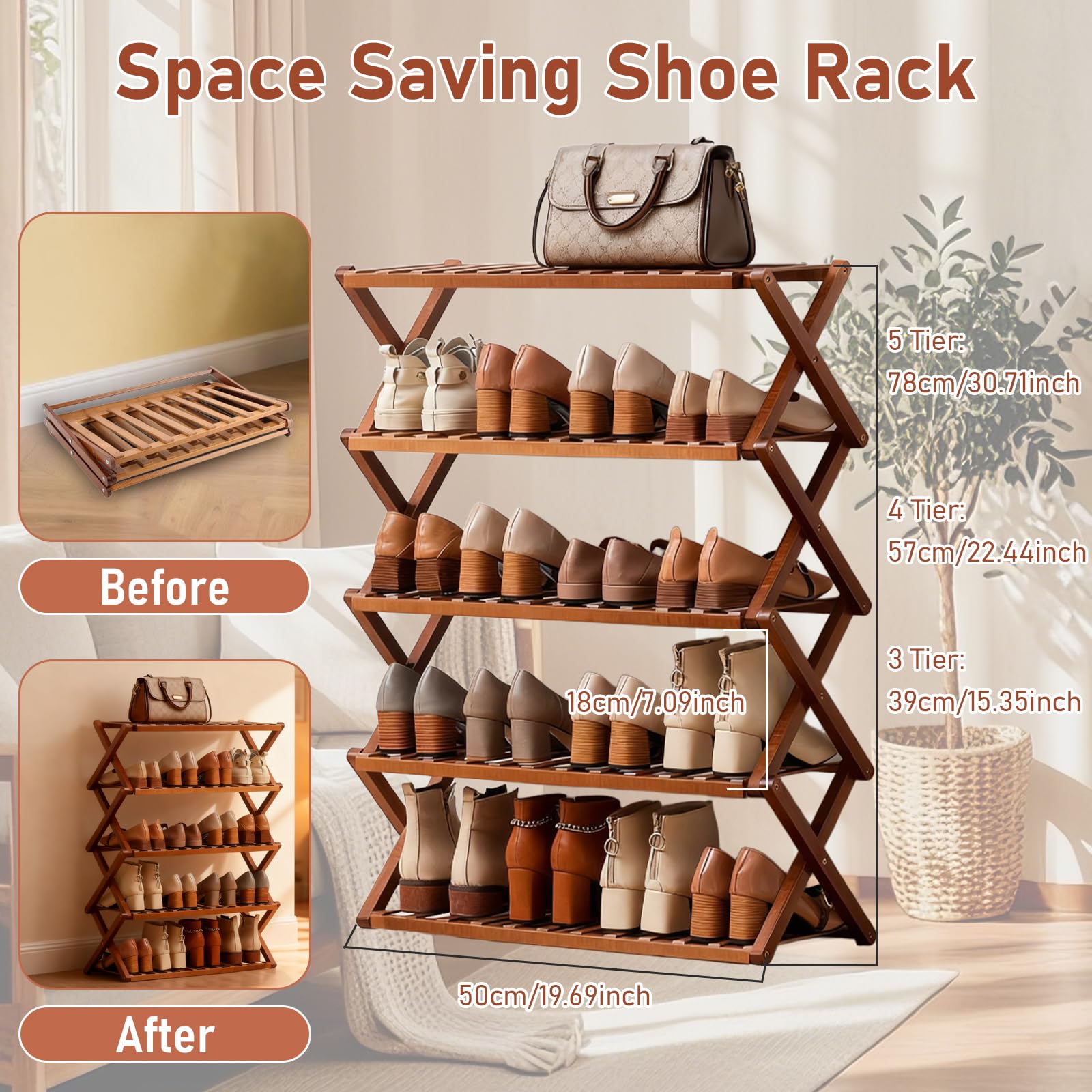 Gelory Bamboo Folding Shoe Rack, Portable Wooden Small Shoe Storage Rack