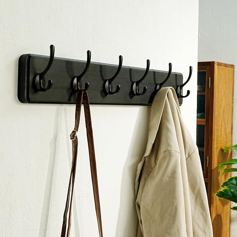 Dseap Coat Rack Wall: 60cm Long, Patented, Heavy-Duty, 6-Double-Hooks Wooden Wall Mounted Coat Rack Coat Hanger Hook Rail for Winter Coats Hat Jacket