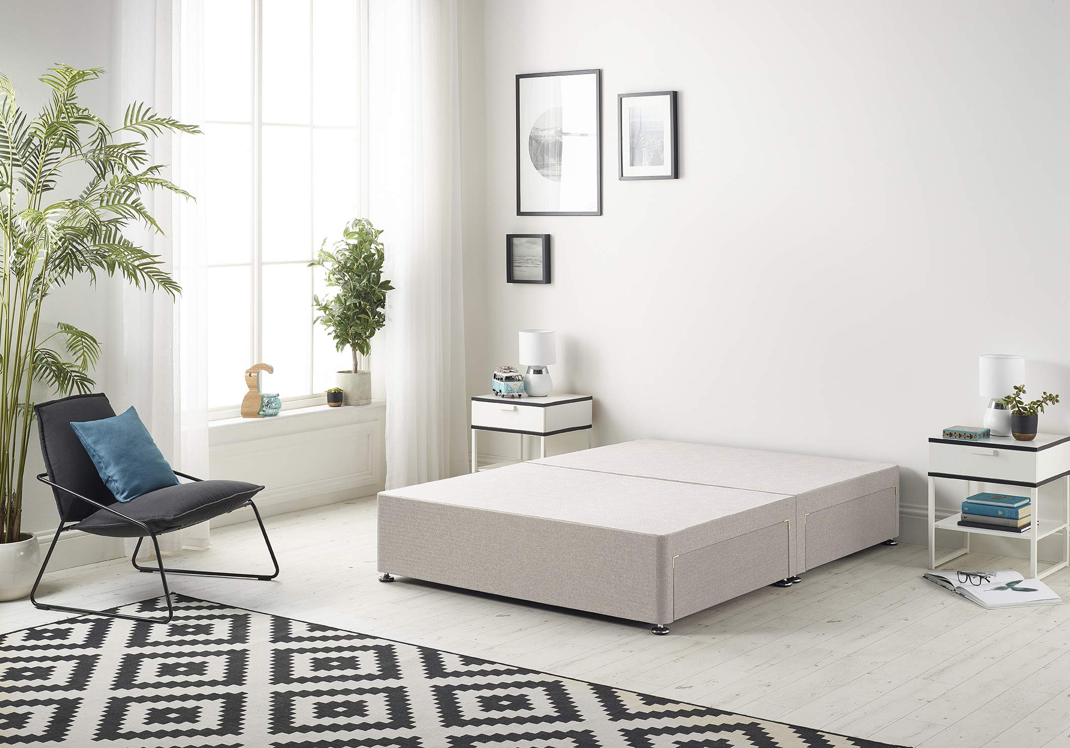 Bed Centre Flexby Divan Base Only with No Drawers and No Headboard - Available in 3ft,4ft,5ft and 6ft- Fabric (5FT King, Plush Silver Fabric)