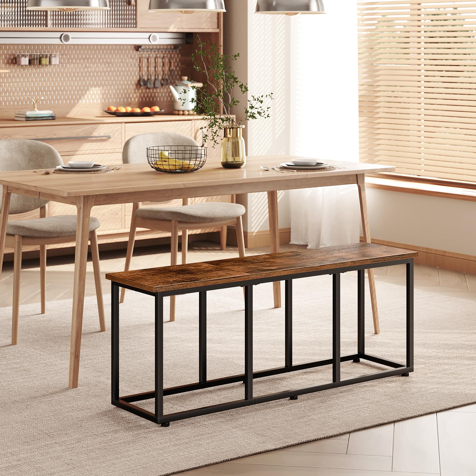 HOOBRO 120 cm Dining Bench, Industrial Indoor Kitchen Bench Seat, Easy Assembly, for Kitchen, Entryway, Bedroom, Rustic Brown and Black EBF45CD01