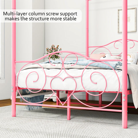 HAHRIR Double Canopy Bed Frame with Vintage Headboard & Footboard, Pink