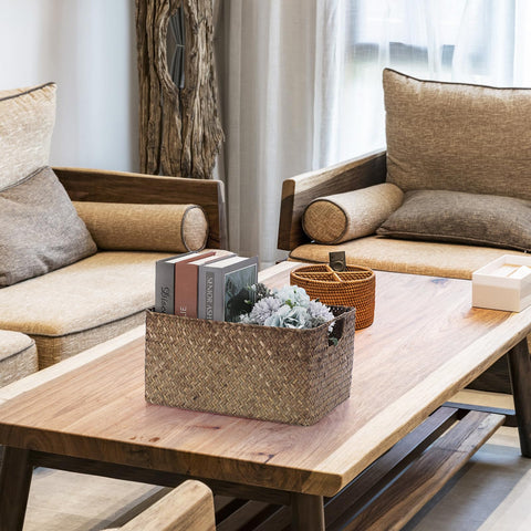 IGNPION Seagrass Decorative Woven Wicker Towel Basket - Rectangular Multipurpose Storage Hamper for Living Room, Bathroom & Desk