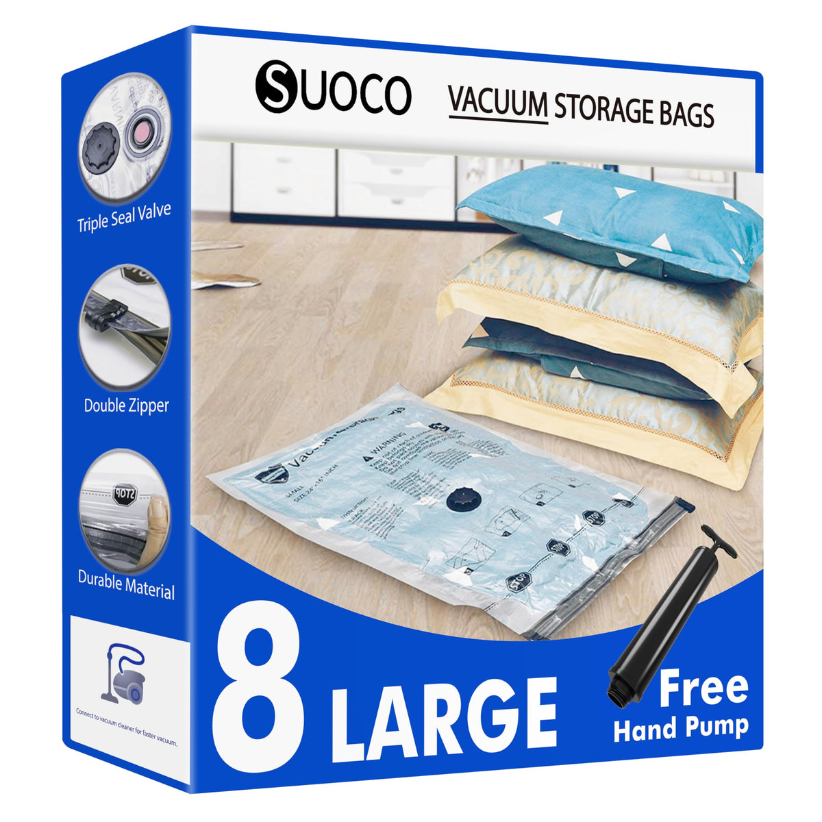 Vacuum Storage Bags 8 Large, Space Saver Bags with Travel Hand Pump, Compression Seal Bags for Clothes, Duvets