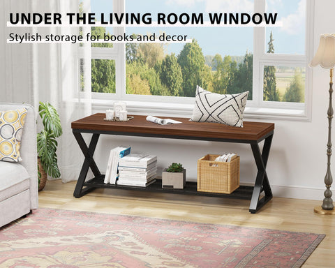 LVB Entryway Shoe Rack with Storage, Wood and Metal Indoor Bench for Entrance, Long Wooden Hallway Bench with Seating for Living Room