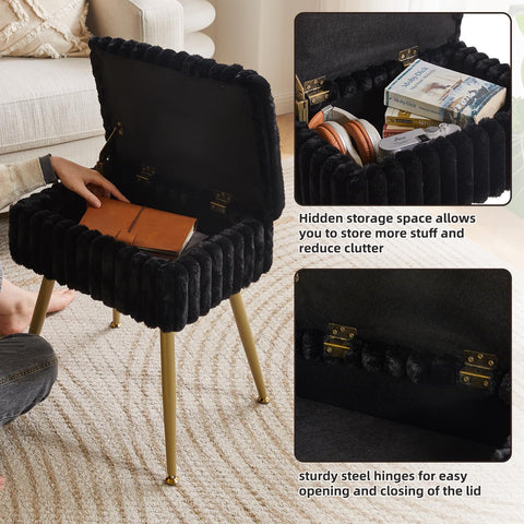 Aibiju Velvet Dressing Table Stool, Rectangular Vanity Stool with Storange, Make up Chair with 4 Metal Legs for Makeup Room, Bedroom, Black YD-MS151B