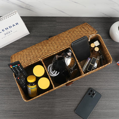 IGNPION 3-Compartment Seagrass Storage Baskets with Lid Woven Seagrass Desktop Basket Bathroom Storage Organiser Box