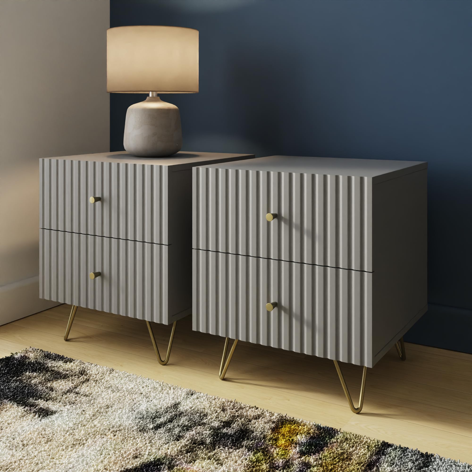 GFW FW Thalia Bedside Table Set of 2, Modern Grey Nightstands with Textured Finish & 2 Drawer Storage