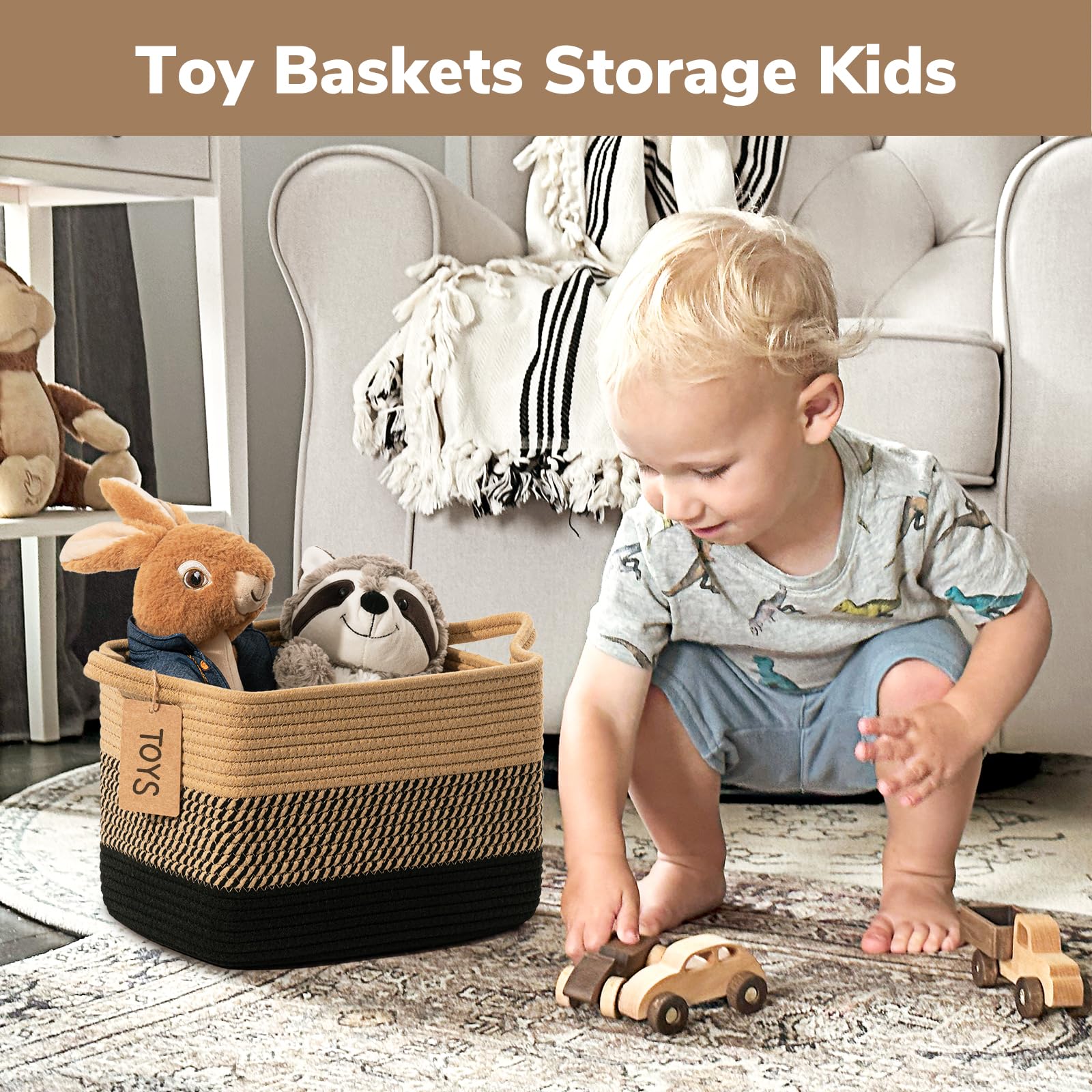 TIMEYARD 3 Pack Storage Baskets for Shelves Woven Cotton Rope Basket Black