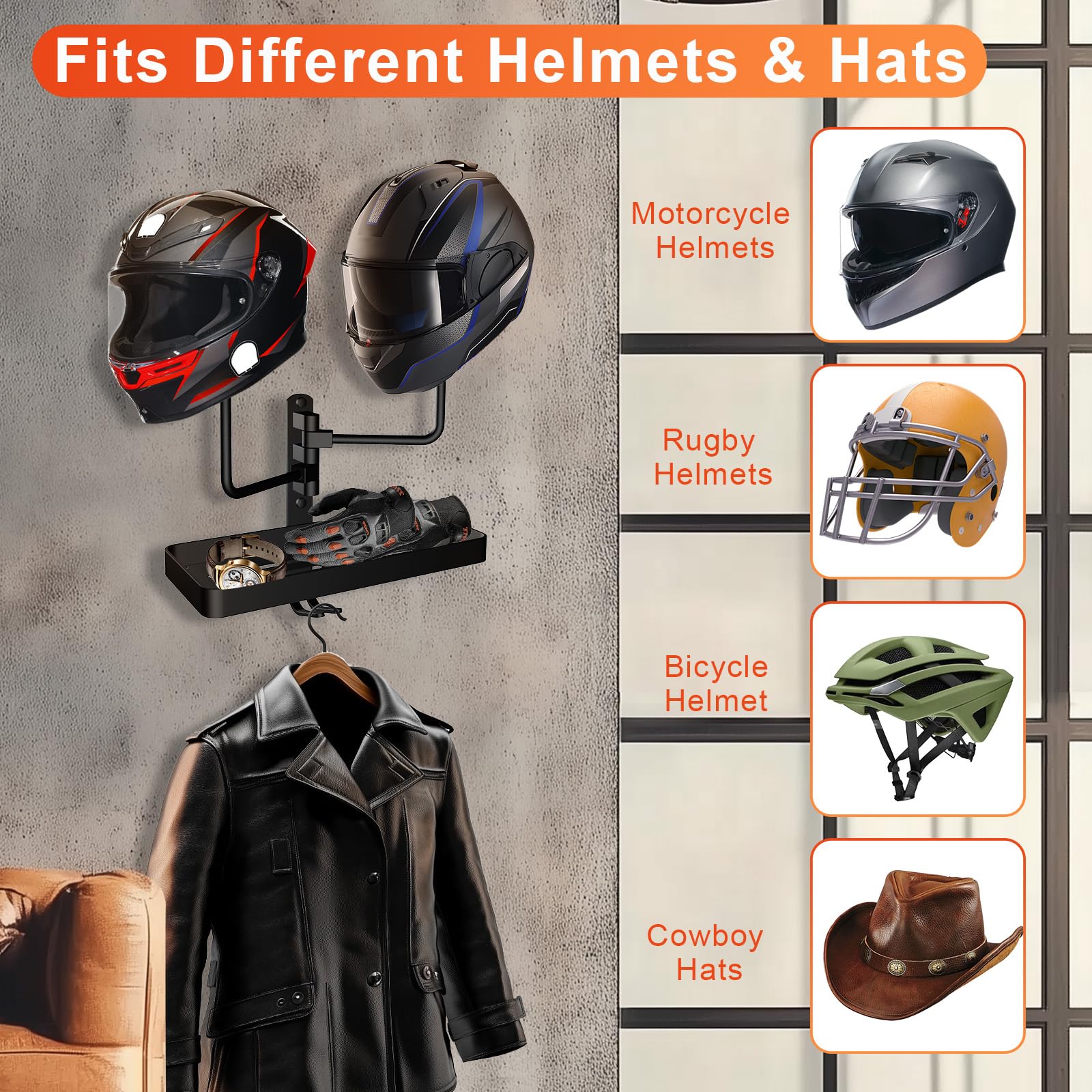 CASDUCT Wall Mounted Helmet Holder with 2pcs Ball, 180° Rotation and Hooks