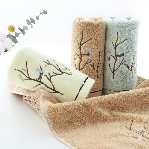 Pidada Hand Towels Set of 2 Embroidered Bird Tree Pattern 100% Cotton Absorbent Soft Decorative Towel for Bathroom 35 x 75 cm (Aqua Green)