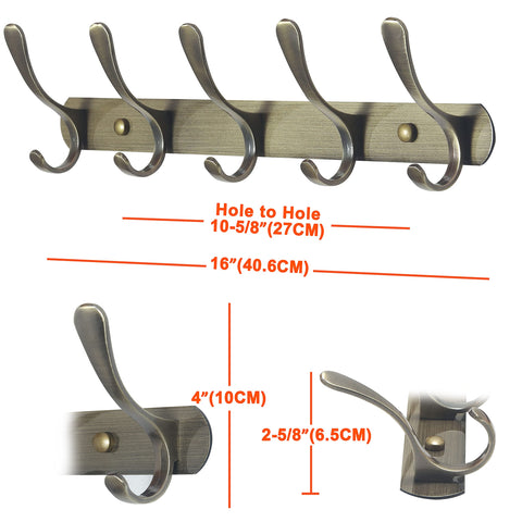 SKOLOO Coat Rack Wall Mount - Modern, Metal Wall Coat Rack with 5 Hooks, Sturdy Wall Hook Rack Rail for Hanging Coat, Jacket, Clothes, Hat, Bronze