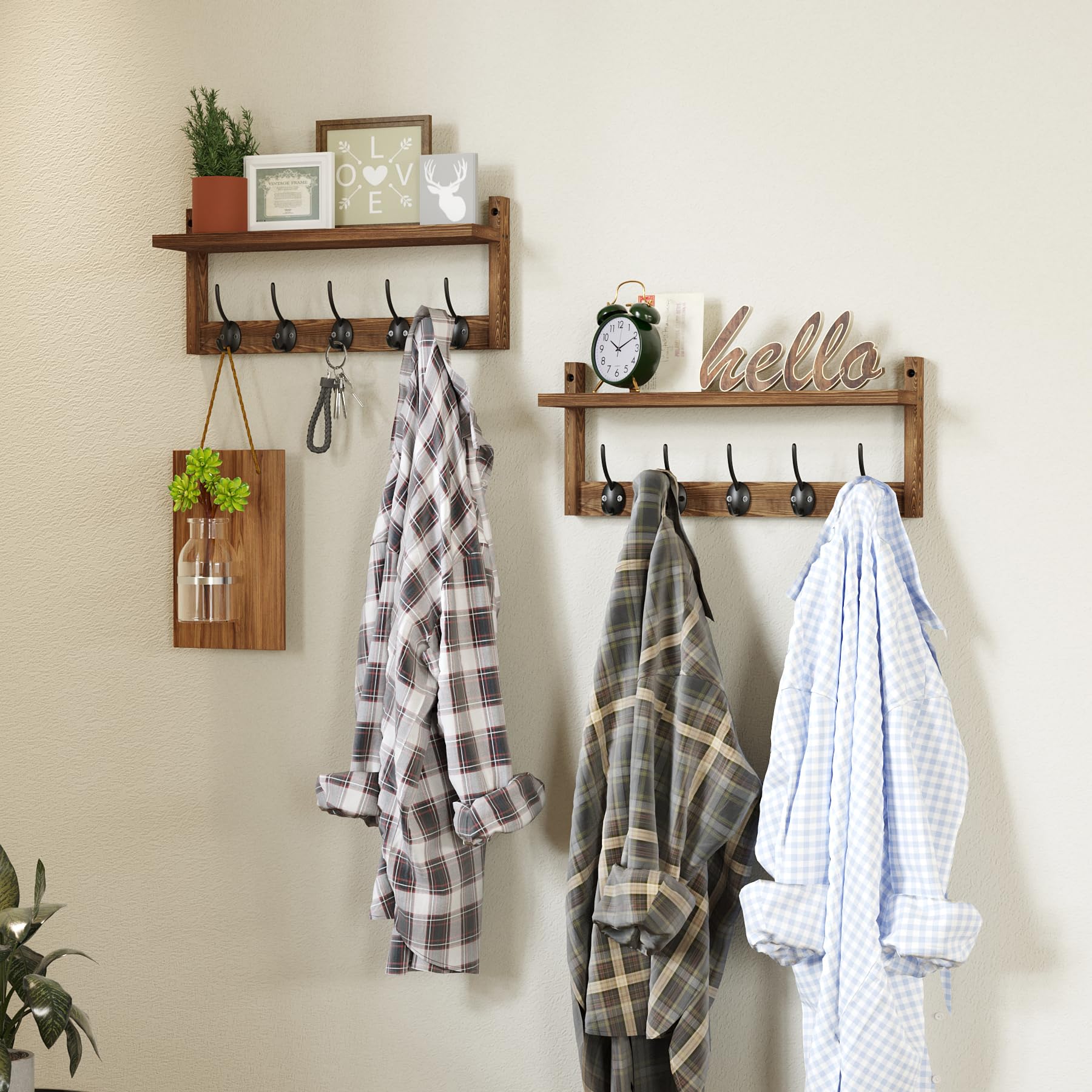 AMBIRD 87cm Wooden Extra-Long Wall Hook Rack with Shelf - Stylish and Versatile Wall-Mounted Storage Solution - 10 Hooks for Hanging Coats, Hats