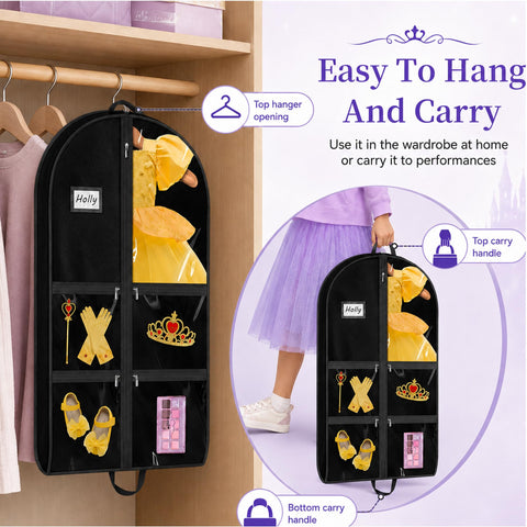 Garment Bags for Costumes & Suits – 2 Pack with 6 Clear Windows & 5 Zippers – Wrinkle-Free Storage for Dance, Travel & Sports Jerseys (Black)