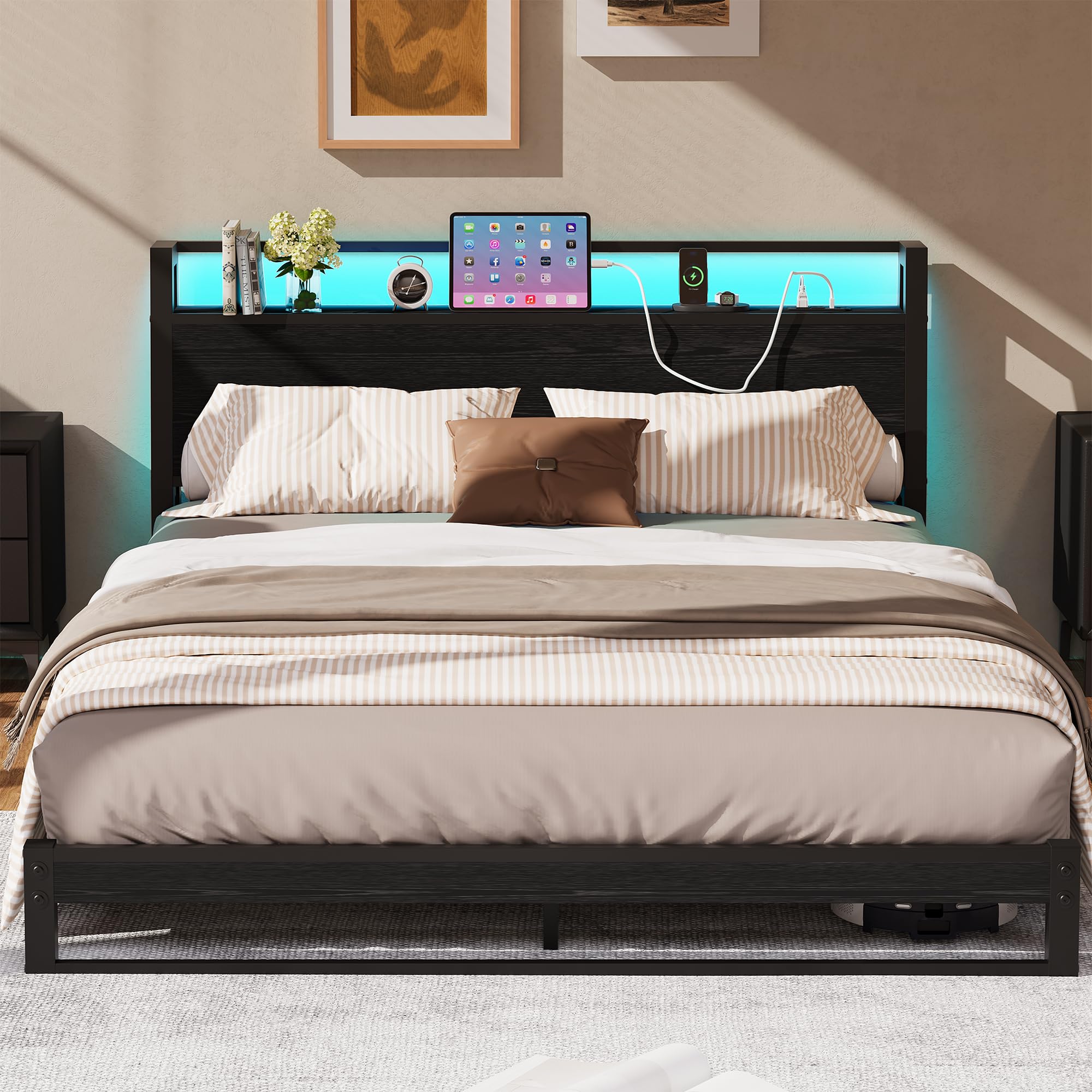 4ft6 Double Bed Frame with Ergonomic Storage Headboard,Metal Platform Low Bed Frame Double,Floor Bed Base with Charging Station and LED,Heavy Duty