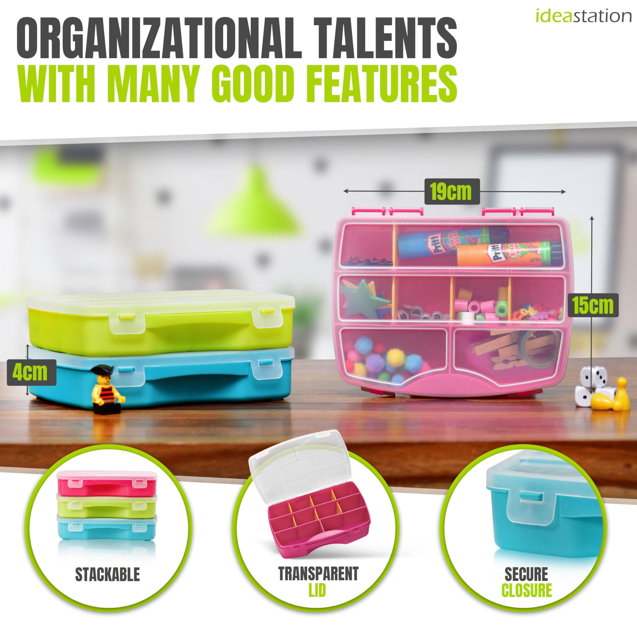 idea-station organiser box set 3 pieces, 19 x 15 cm, coloured, adjustable compartments, tool box, storage box, assortment box, screw case, boxes