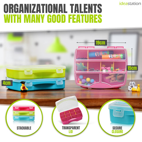 idea-station organiser box set 3 pieces, 19 x 15 cm, coloured, adjustable compartments, tool box, storage box, assortment box, screw case, boxes