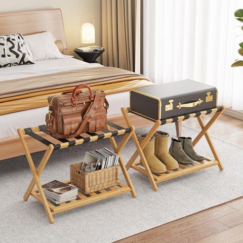 BAMBOOHOMIE Bamboo Luggage Rack for Guest Room, 26.77" Folding Wide Suitcase Stand with Storage Shelf
