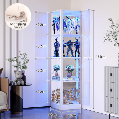 FREDEES Corner Display Cabinet with Glass Doors, 175cm, White