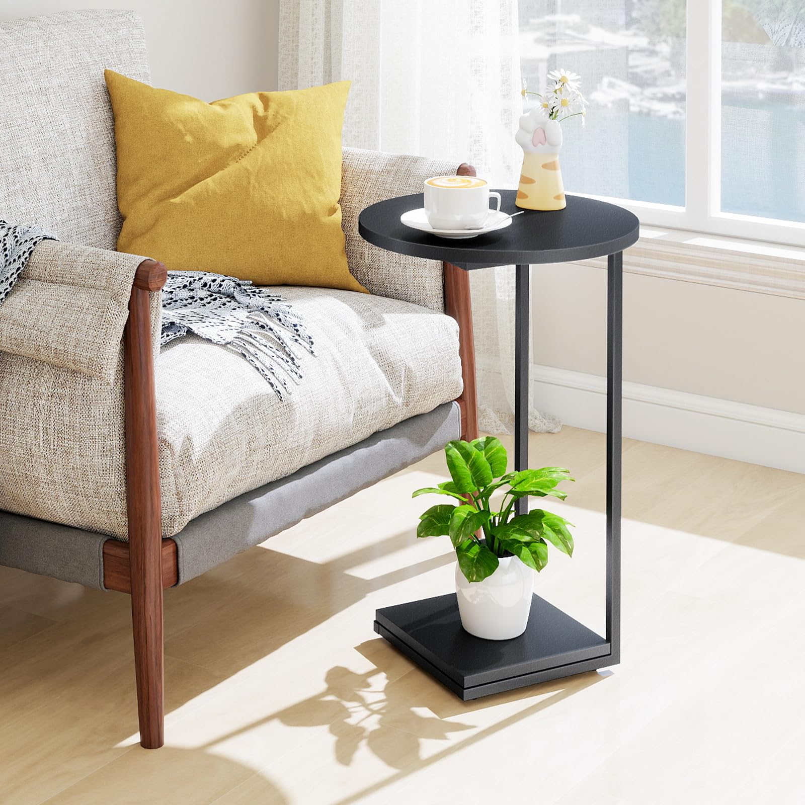 HDANI C-Shaped Side Table,Round End Table under Sofa,Bedside Table,Sofa Side Table with Metal Frame, Small Coffee Snack Table for Living Room