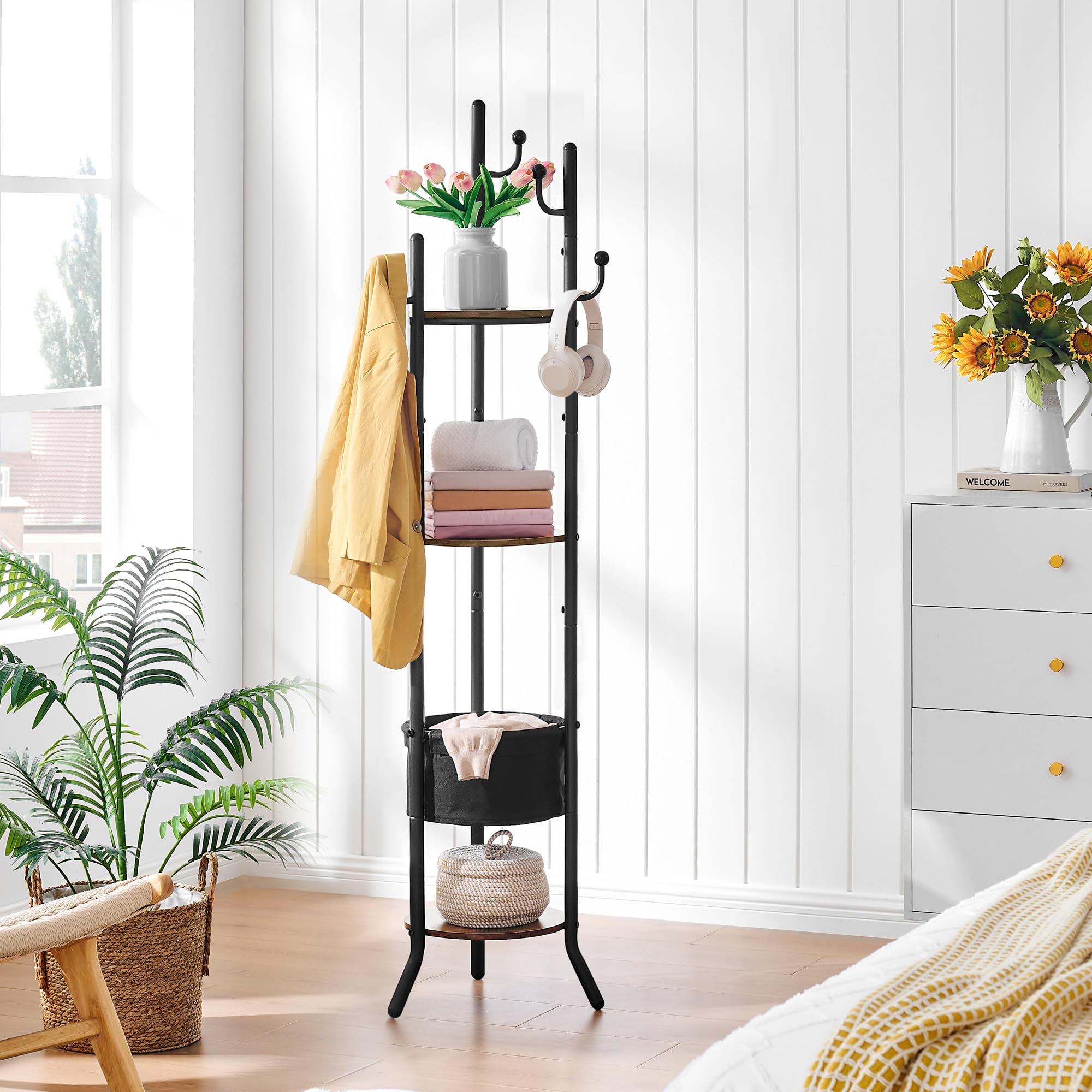 Hoctieon Coat Rack Freestanding, Round Coat Rack with 3 Wooden Shelves and 1 Fabric Basket, Metal Clothes Tree with 5 Hooks