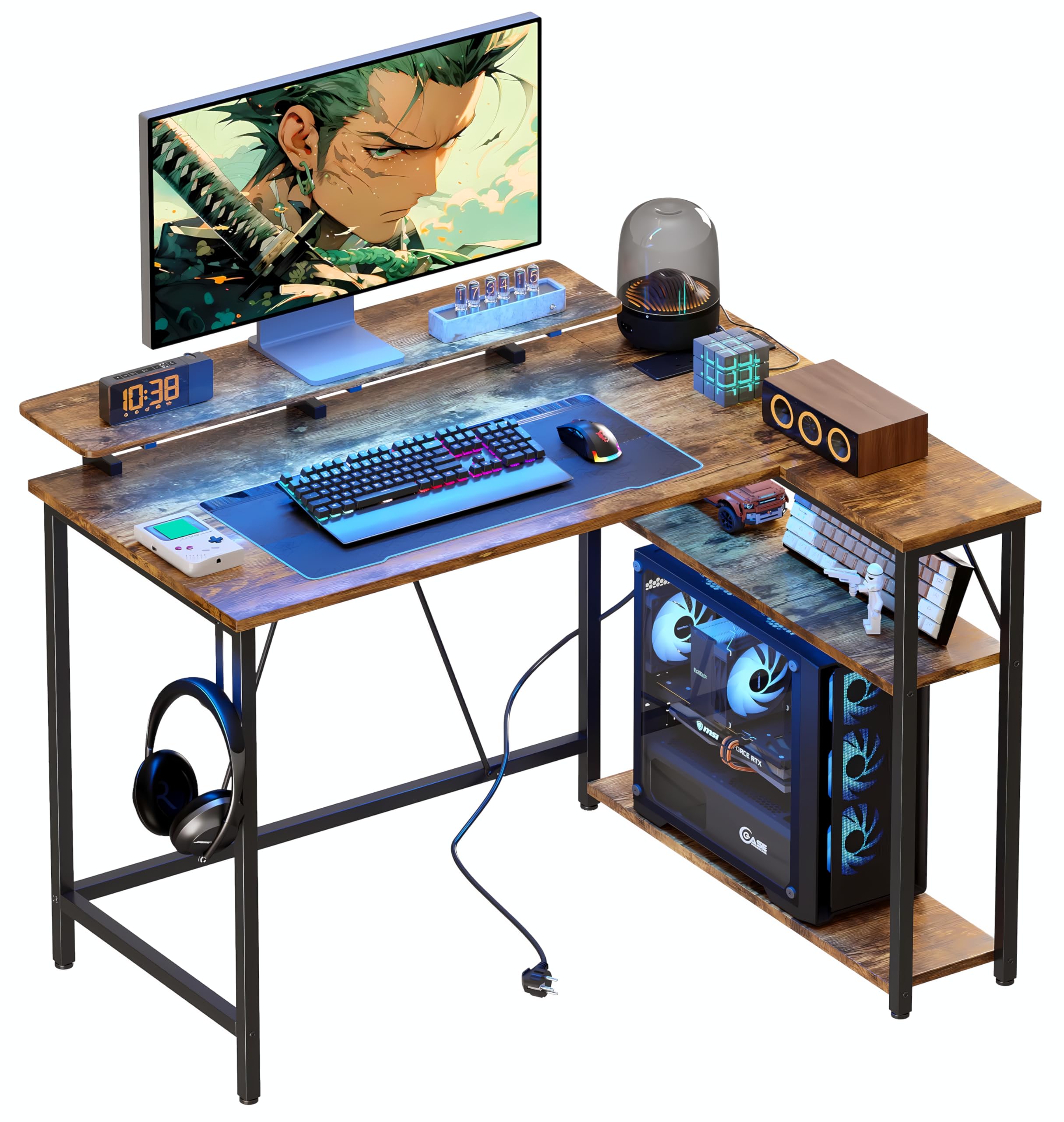 Xyphren L Shaped Gaming Desk with RGB LED Lights & Power Outlets,Corner Computer Desk with Adjustable Shelves