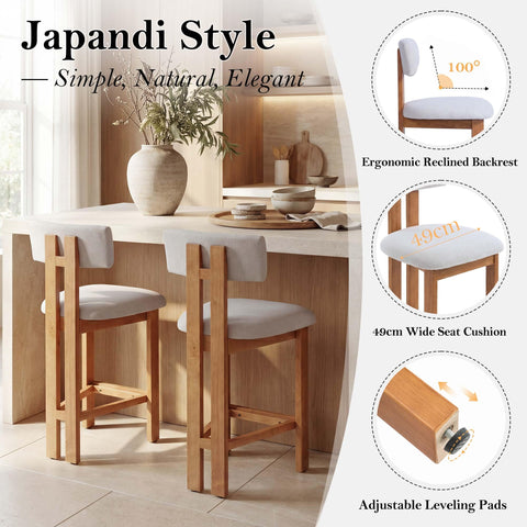 younturn Retro Mid Century Bar Stools Set of 2, Comfort Padded Linen Upholstered Seats Breakfast Barstools with Backrest