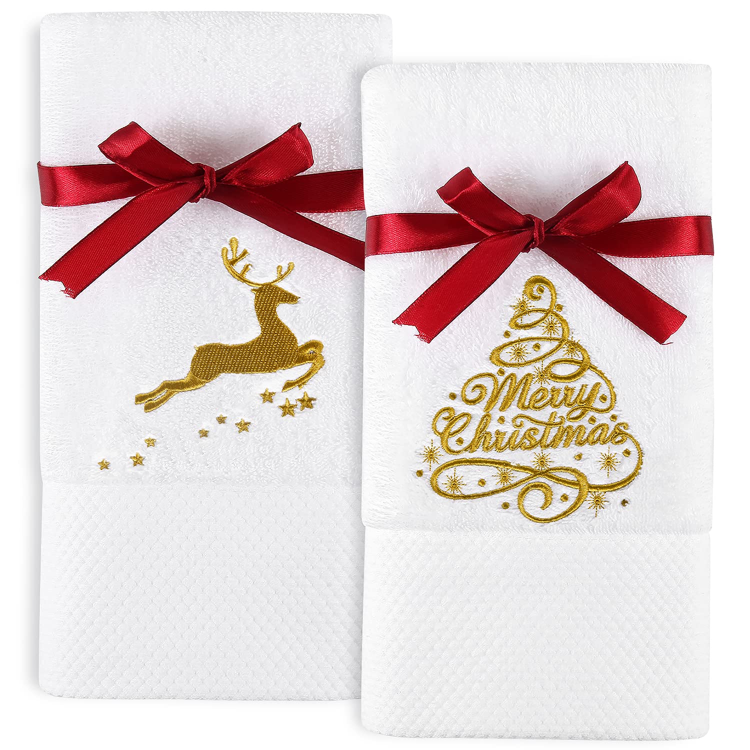 Quera 2 Pack Christmas Hand Towels Christmastree Reindeer 100% Cotton Embroidered Premium Luxury Decor Bathroom Set for Drying, Cleaning, Cooking