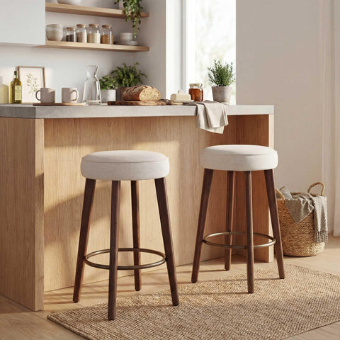 younturn Set of 2 Linen Bar Stools, 68cm Counter Height Upholstered Kitchen Bar Chairs with Solid Wood Legs