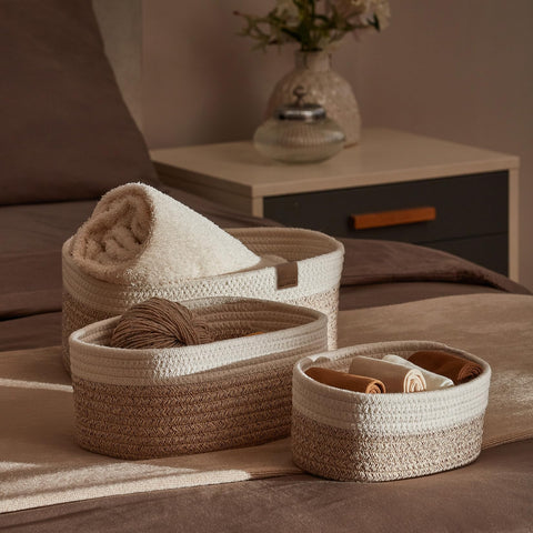 LA JOLIE MUSE Small Cotton Woven Storage Baskets, White & Desert, 3 Pack