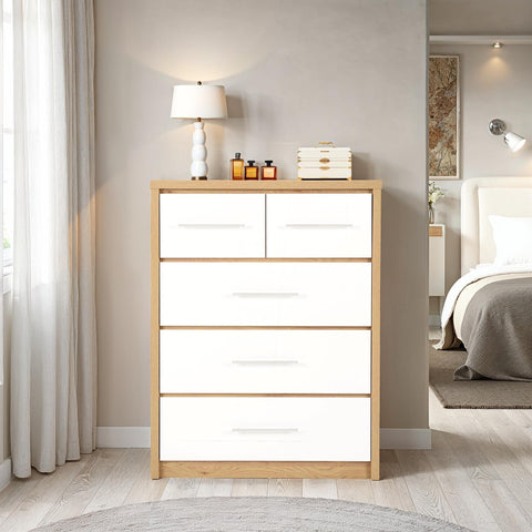 Seconique Seville 3+2 Drawer Chest in White Gloss/Light Oak Effect Veneer