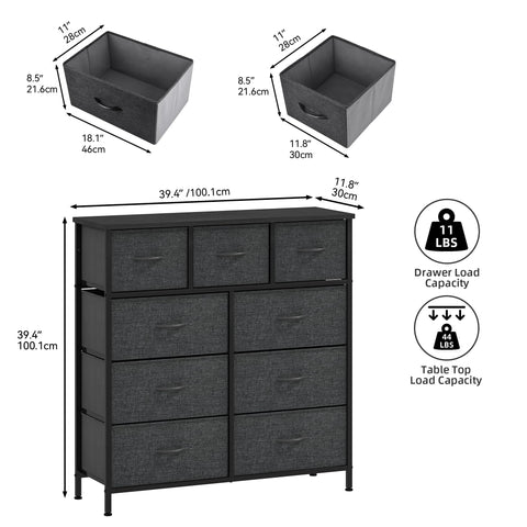 DWVO Chest of Drawers,Fabric Chest of Drawers Bedroom Cabinet with 9 Drawers,Dresser for Bedroom,Living Room With Handles,Wood Top and Sturdy Steel
