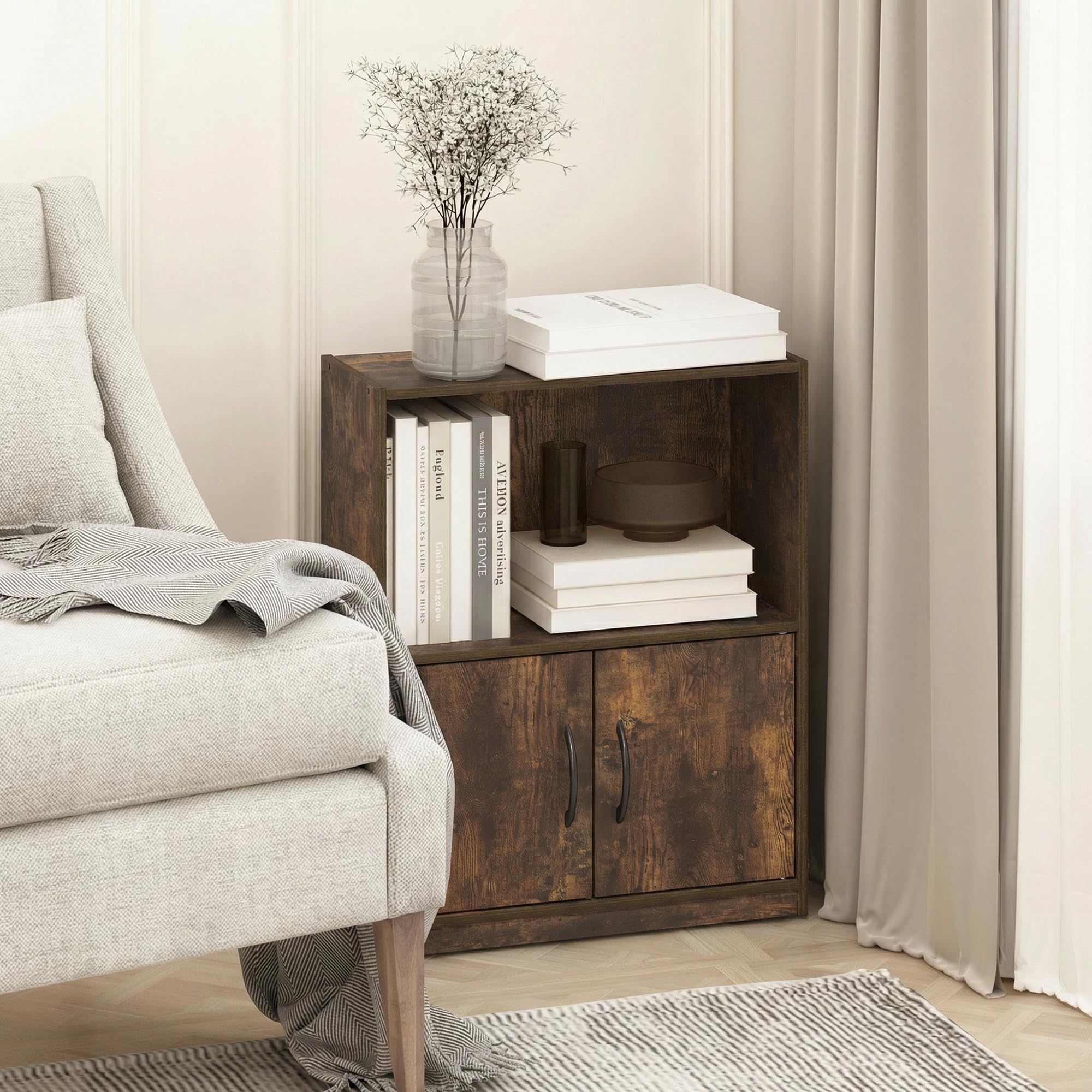 Furinno GRUEN Book Shelf, 2-Tier Small Bookshelf, Bookcase with Open Shelf and Doors Storage Cabinet, 23.6 x 55.4 x 68.6 cm, for Living Room, Bedroom