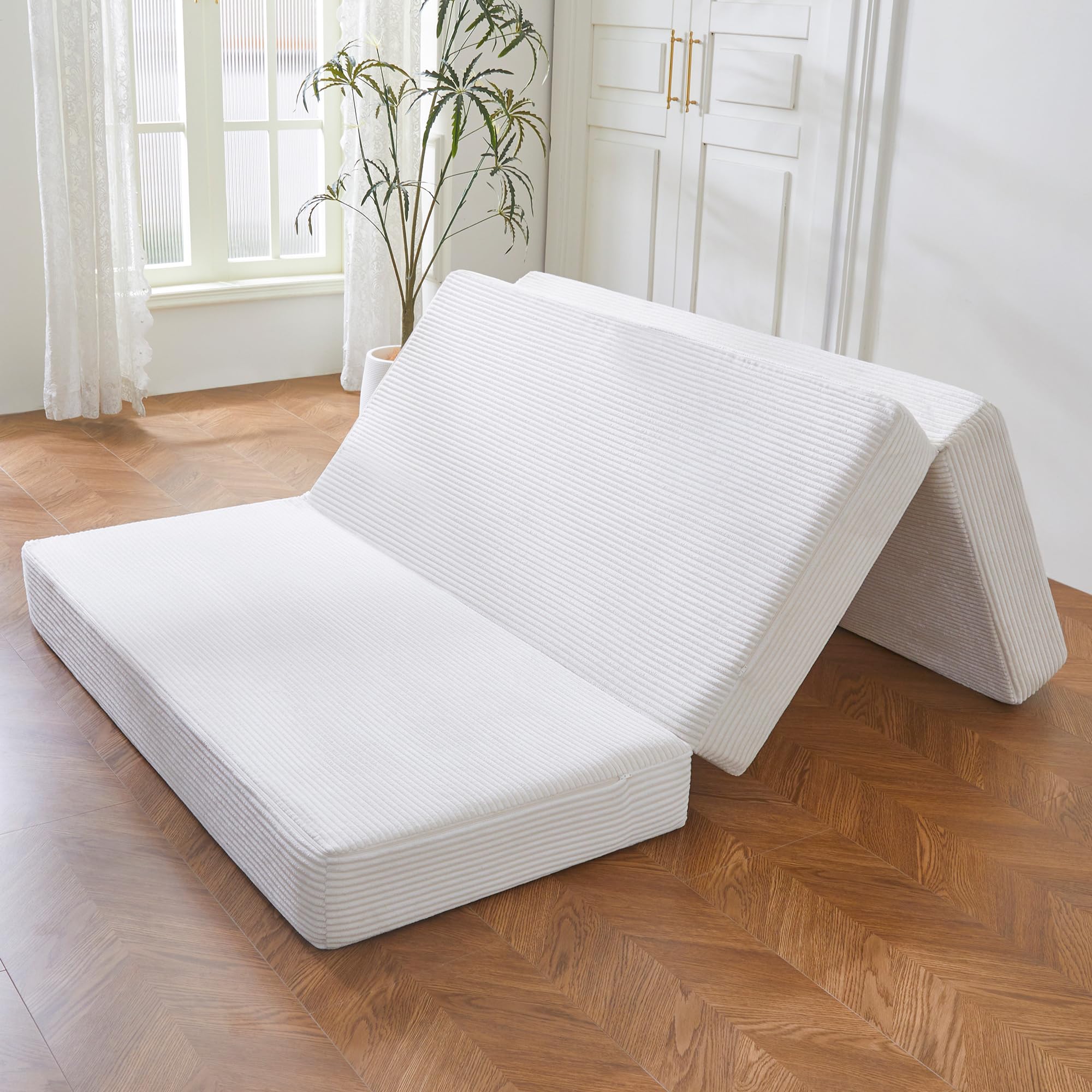 MAXYOYO Folding Corduroy Mattress, 3-Way Folding Mattress, 10 cm Thick, Foldable Guest Mattress with Removable & Washable Cover