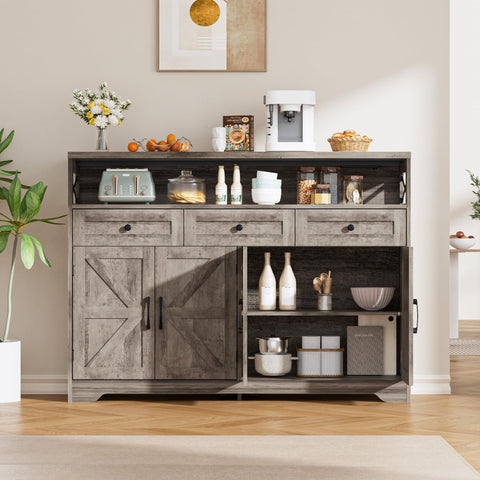 BonVache Sideboards Cabinet with Power Outlets,Wooden Storage Sideboard with Adjustable Shelf,3 Drawers and Open Shelf,Buffet Cupboard for Living