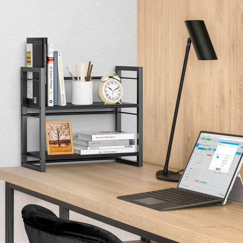 THYGIFTREE Office Desk Shelf Organizer, Wood Desktop Bookshelf Supplies Storage Rack, Shelf for Top of Desk and Dresser (All Black)