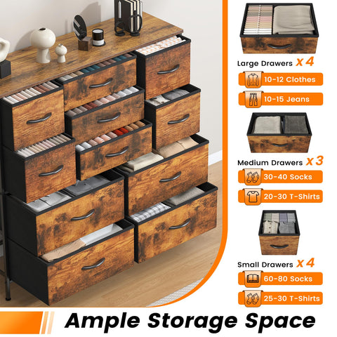 Feonase Chest of Drawers, Bedroom Tall Dresser with 11 Fabric Drawers, Metal Frame & MDF Wood Top, Adjustable Feet