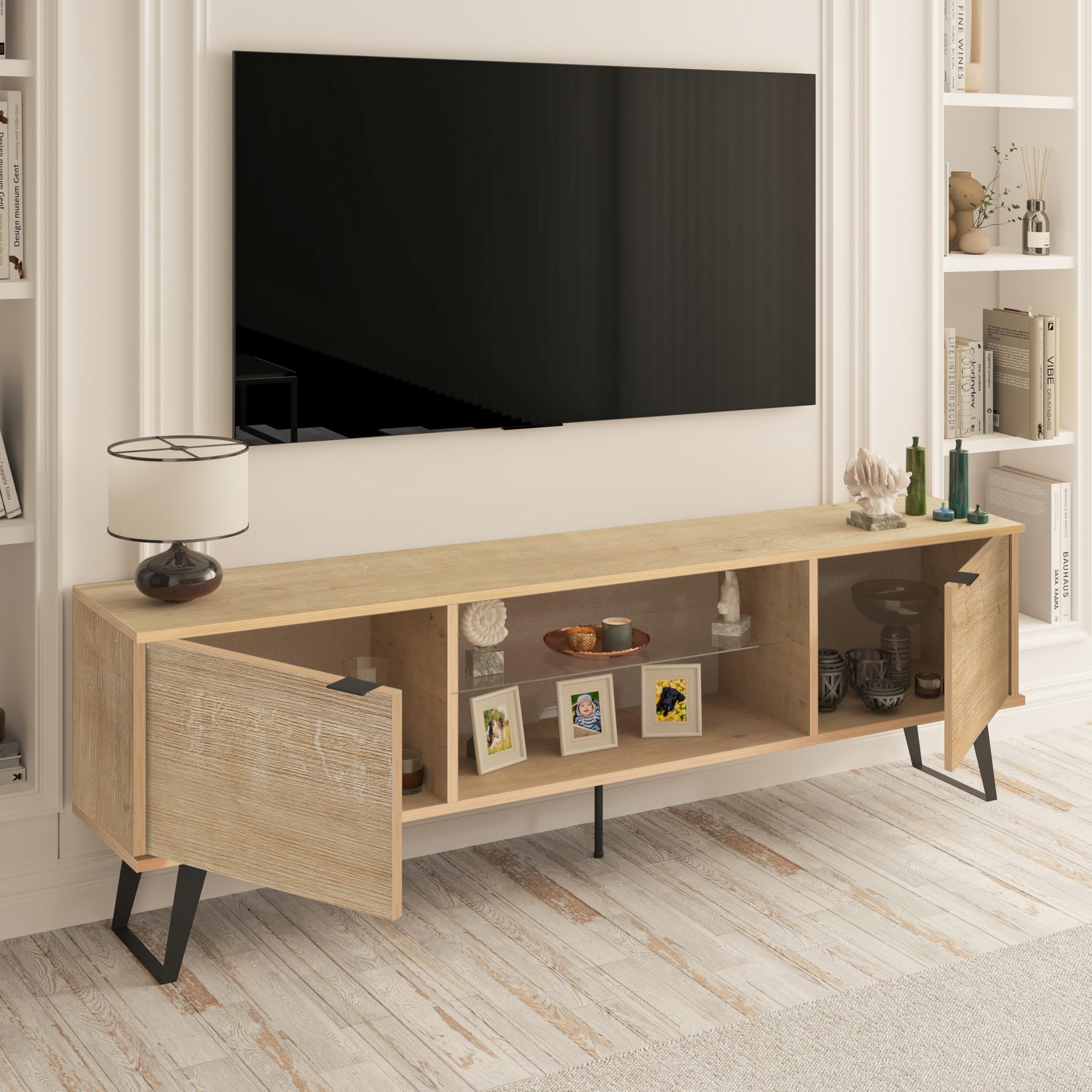 Uniqtrio TV Stand Cabinet | Walnut TV Unit with Glass Shelf | TV Cabinet | TV Stand Unit | TV Units for Living Room | TV Table |Soft Closing Hinges