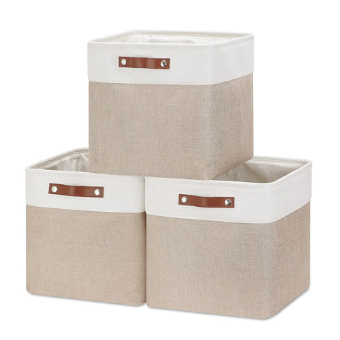 Mangata Collapsible Storage Cube Boxes, Linen Woven Fabric Storage Baskets, Cube Closet Organizer with Leather Handles (Light Khaki and White)