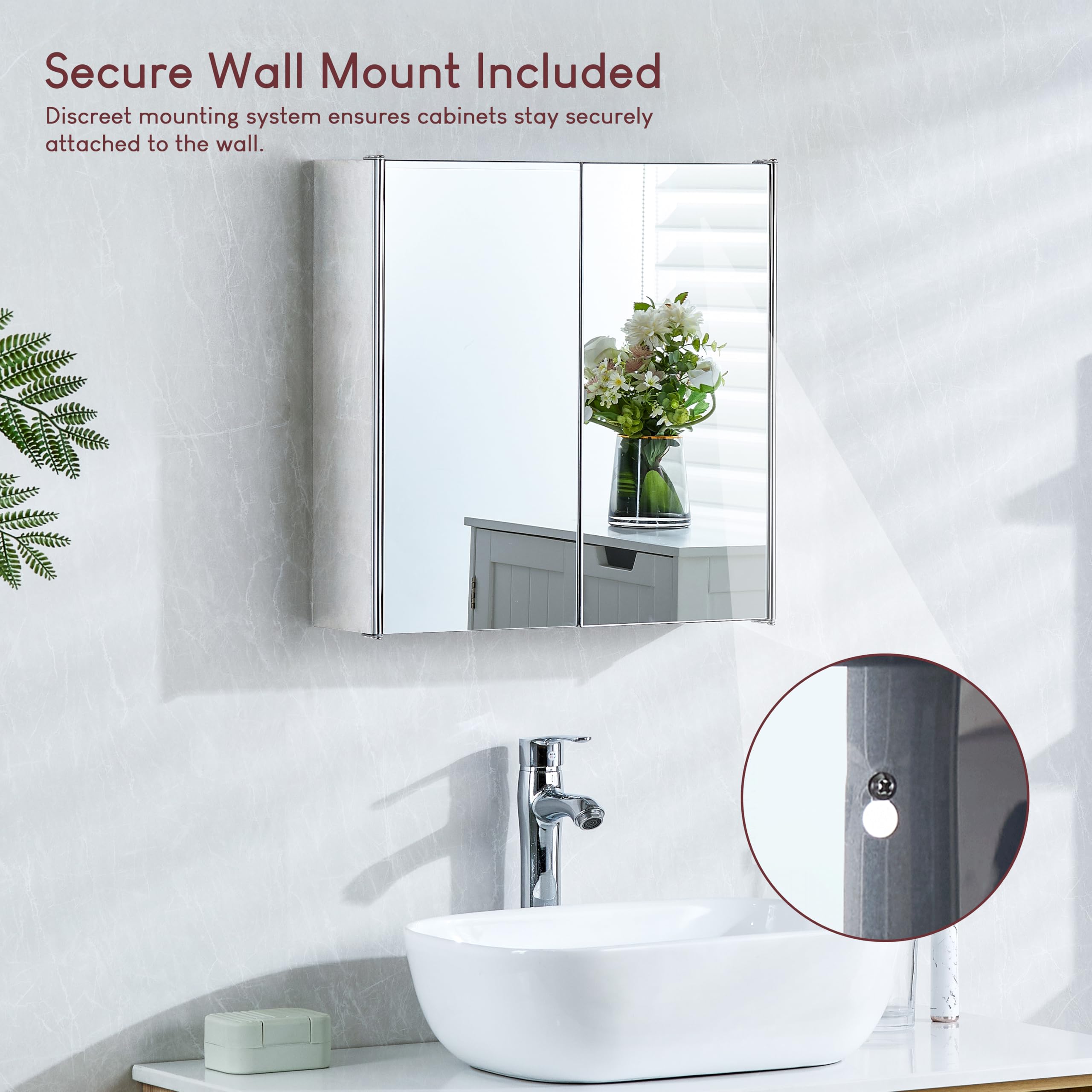 Bath Vida Tiano Double-Mirror Bathroom Cabinet Wall-Mounted Stainless Steel Modern Storage Cupboard (No Assembly Required)