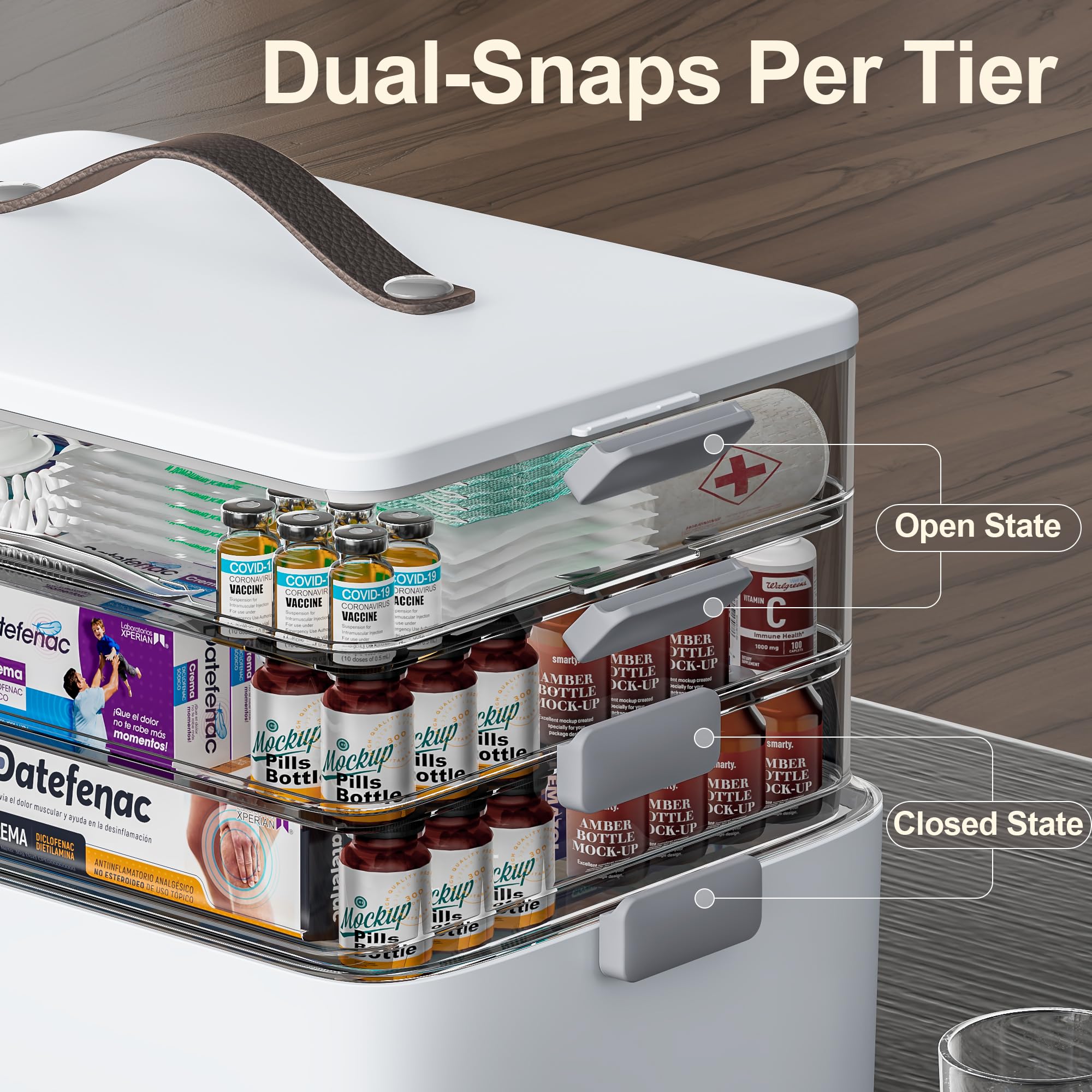 CTIME Extra Large 4 -Tier Medication Organizer - Portable with Leather Handle, Ideal for Household and Travel 14.6 x 9.6 x 12. 6 in Family First Aid