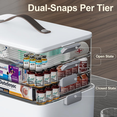CTIME Extra Large 4 -Tier Medication Organizer - Portable with Leather Handle, Ideal for Household and Travel 14.6 x 9.6 x 12. 6 in Family First Aid
