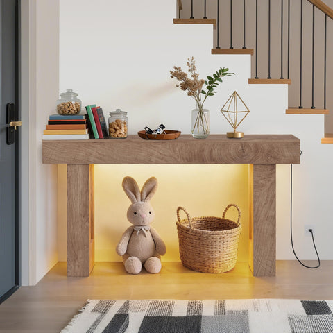 Crevyteg Farmhouse Console Table with Integrated Charging Station and Automatic Sensor Light