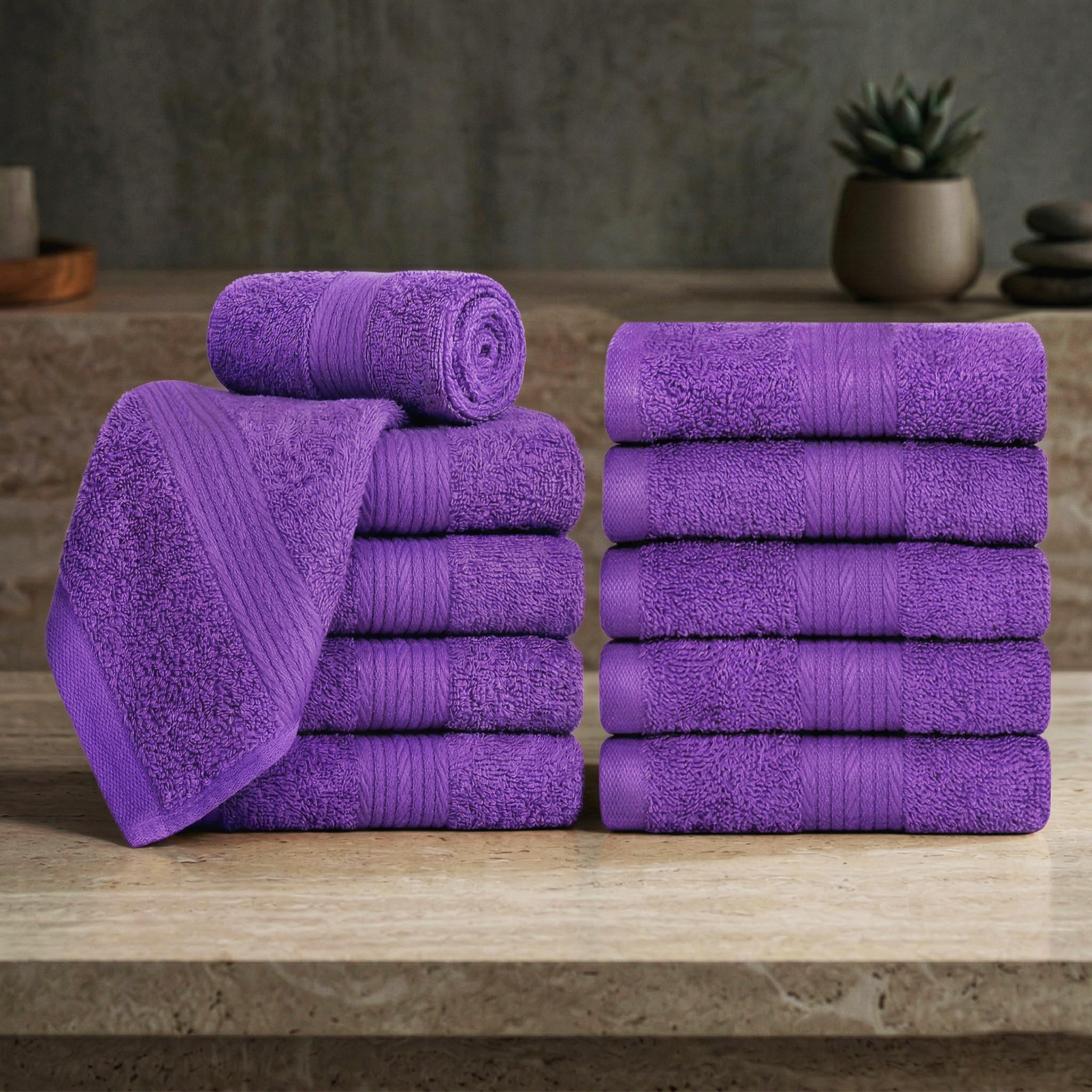 Ample Decor Cotton Washcloths Set 10, 30 X 30 cm, 100% Cotton Premium Quality Flannel Face Cloths, Highly Absorbent Fingertip Towels - Purple