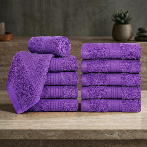 Ample Decor Cotton Washcloths Set 10, 30 X 30 cm, 100% Cotton Premium Quality Flannel Face Cloths, Highly Absorbent Fingertip Towels - Purple