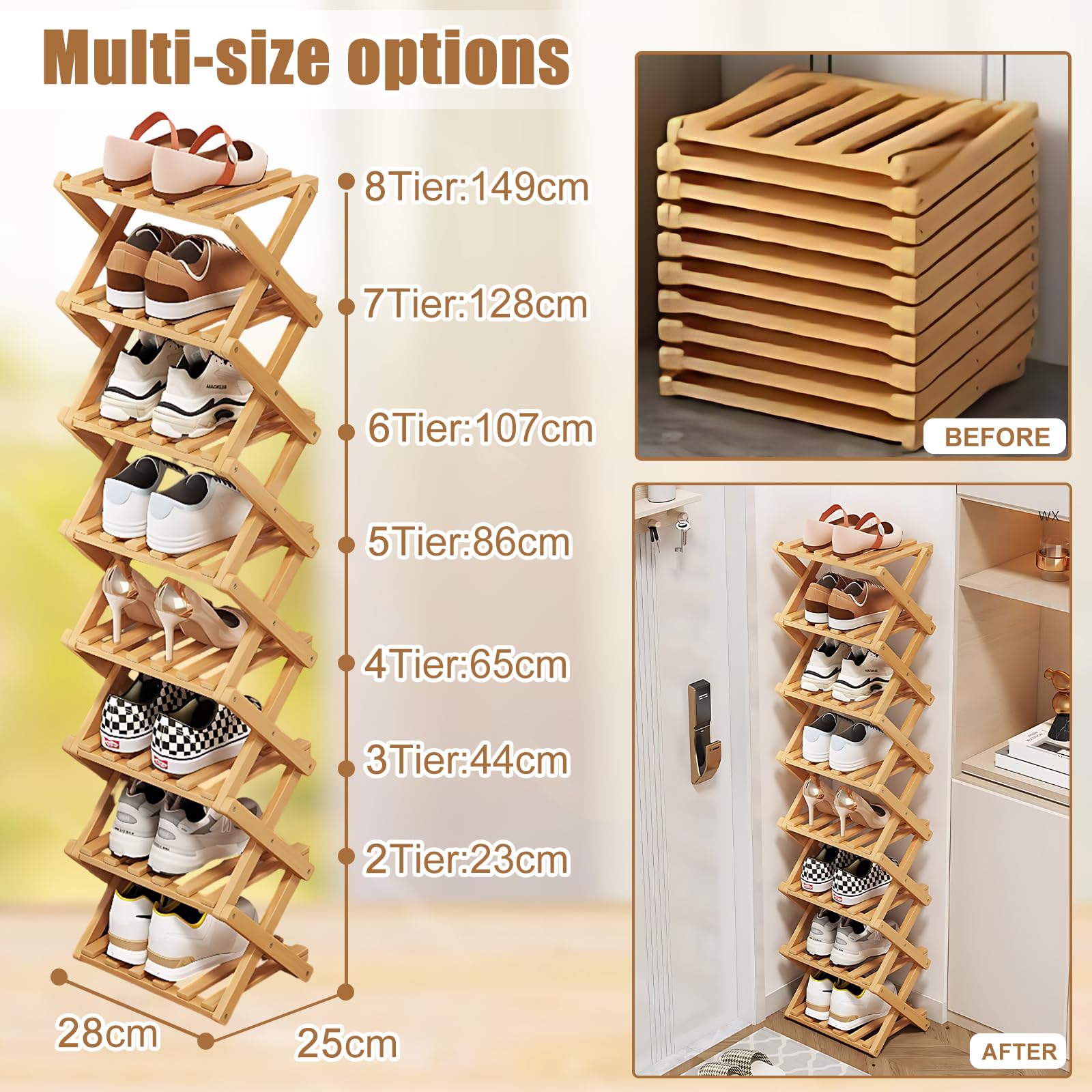 Kiss Me 8-Tier Bamboo Foldable Shoe Rack Vertical Narrow