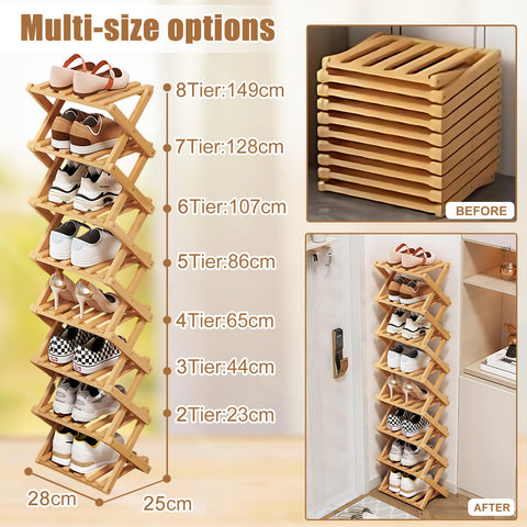 Kiss Me 8-Tier Bamboo Foldable Shoe Rack Vertical Narrow