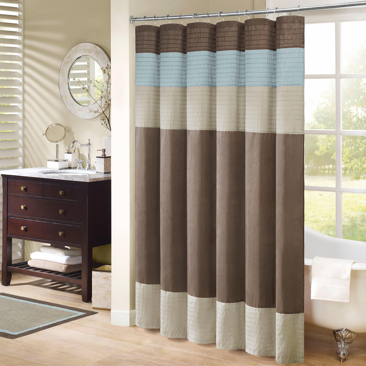 Madison Park Bathroom Shower Faux Silk Pieced Striped Modern Microfiber Bath Curtains, Polyester, Blue, 72" W x 72" L (Pack of 1)