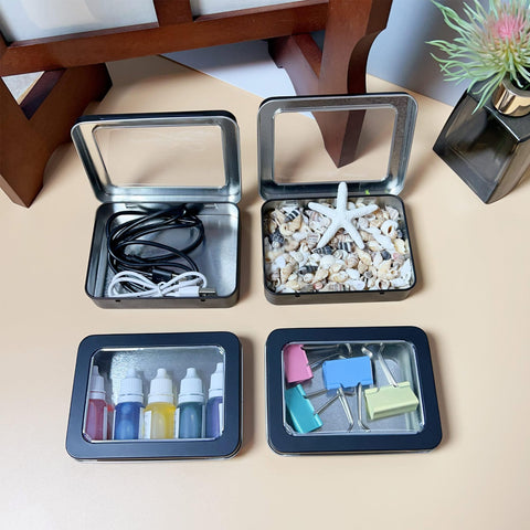 Forever bene 2 Black Small Tin Boxes with Window Lids, 2 Pieces, Black, each piece measures 11,5 × 8,5 × 2,2 cm